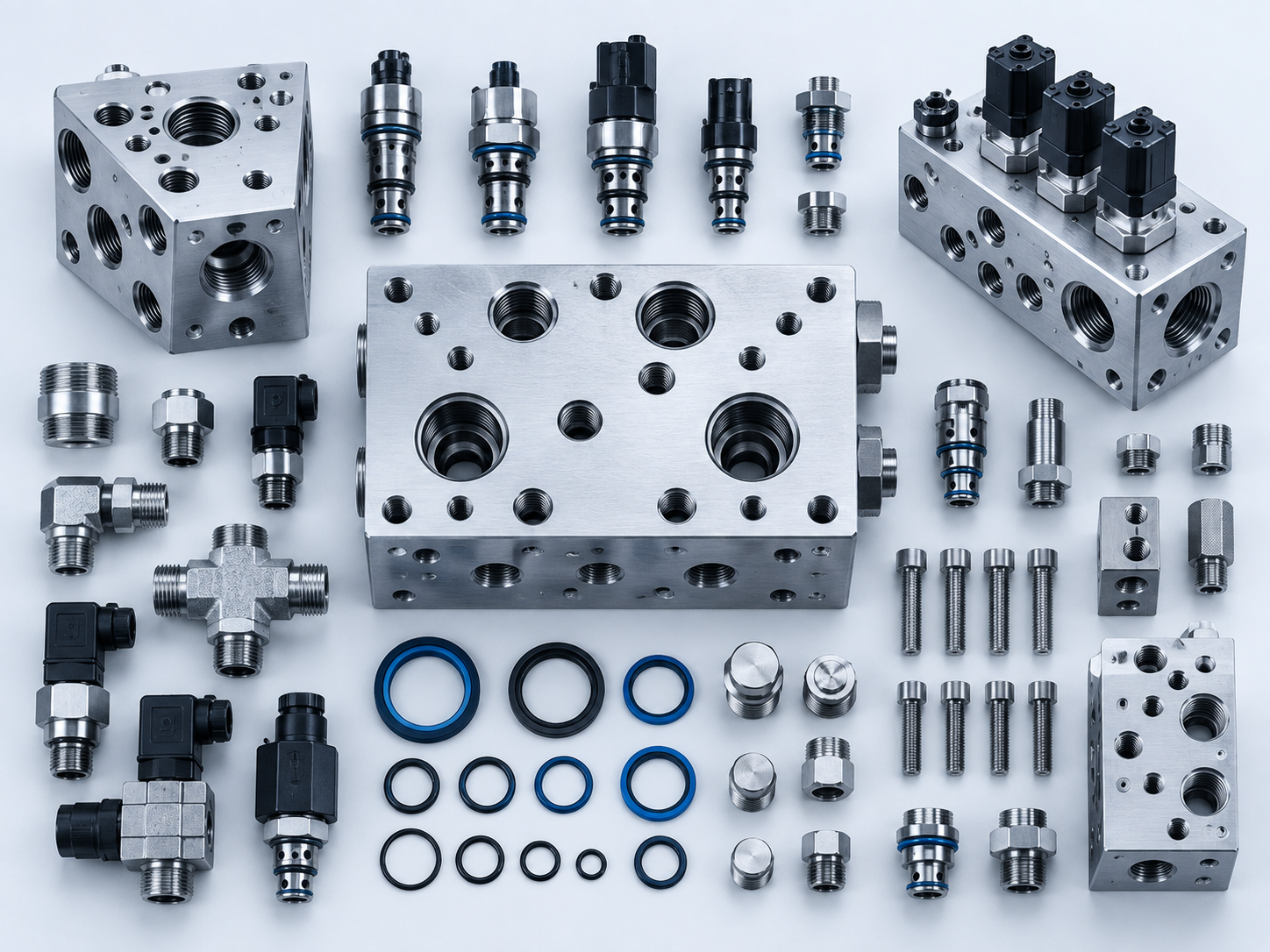 Industrial manifold blocks, valves, fittings, seals, and related fluid control components